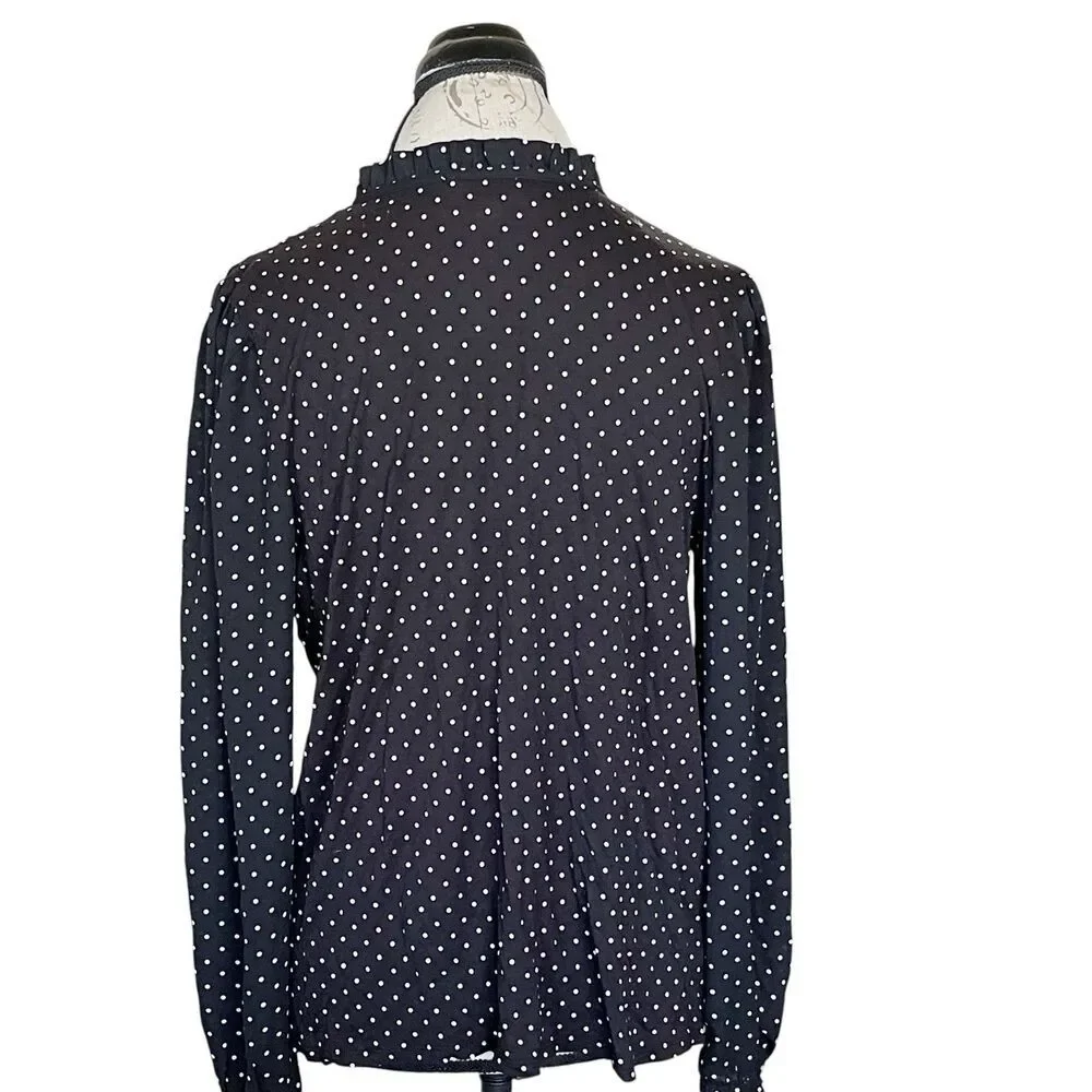 Loft Womens Ruffle Long Sleeve Blouse Polka Dots Front Keyhole Black Sz Small
